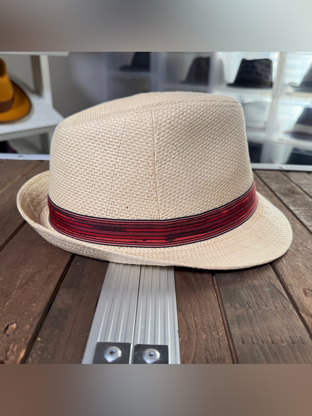Sean John Paper Straw Fedora Trilby Cream Red Black Band L/XL